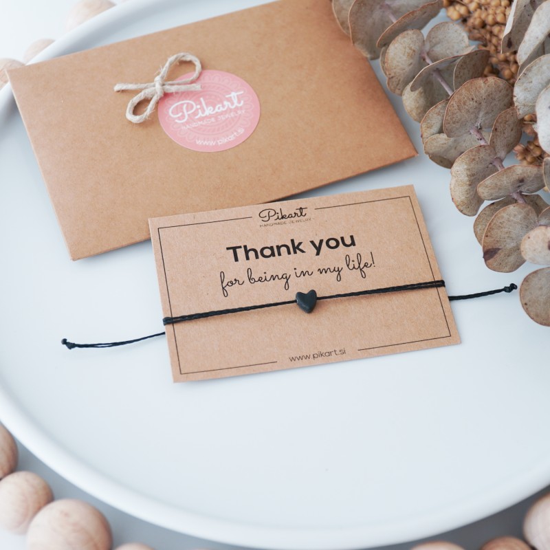 Darilo za prijateljico – zapestnica s srčkom in kartico »Hvala, ker si v mojem življenju«