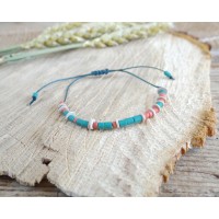 CUSTOM TEXT Turquoise, Coral and Beige Beaded Morse Code Bracelet