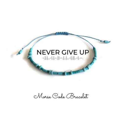Turquoise Morse Code Bracelet with Secret Message NEVER GIVE UP