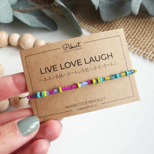 Barvita zapestnica s skritim sporočilom LIVE LOVE LAUGH v Morsejevi abecedi