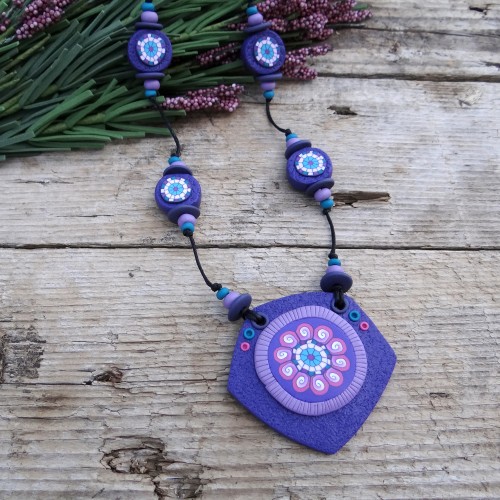 Long Purple Statement Necklace with a Large Pendant