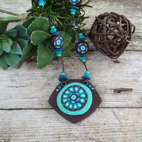 Long Brown and Teal Necklace with an Abstract Pattern