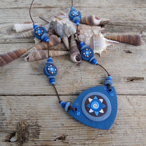 Long Handmade Brown and Blue Statement Necklace