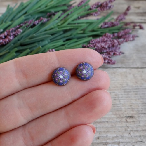 Brown and Purple Mandala Stud Earrings