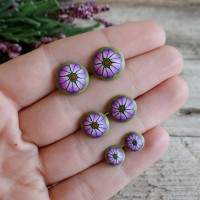 Polymer clay stud earrings for girls - purple and green flowers