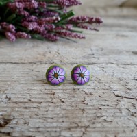 Polymer clay stud earrings for girls - purple and green flowers