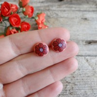 Handmade Red Flower Clip On Earrings