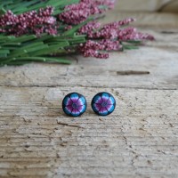 Fuchsia and Turquoise Flower Stud Earrings - Black Earrings