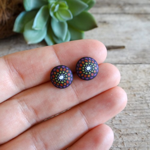 Black Dot Mandala Stud Earrings - Round Simple Earrings