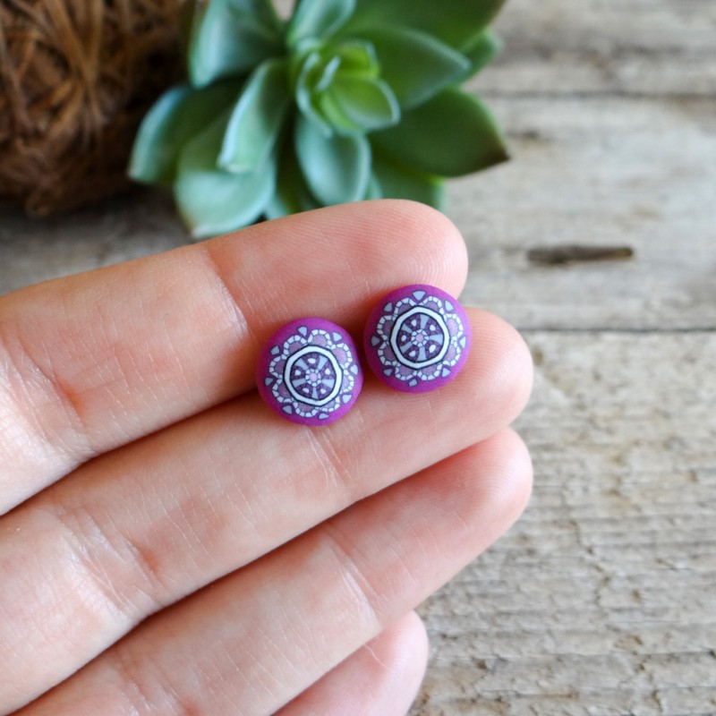 Roza mandala okrogli otroški uhani na klip