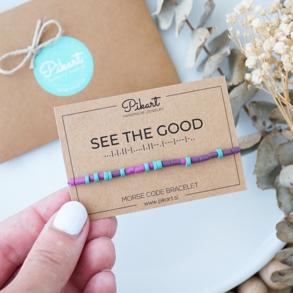 Vijolična personalizirana zapestnica z napisom v Morsejevi abecedi