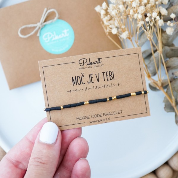 Črno zlata personalizirana zapestnica z napisom v Morsejevi abecedi