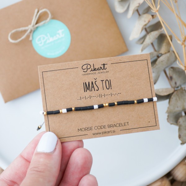 Črno bela zlata personalizirana zapestnica z napisom v Morsejevi abecedi