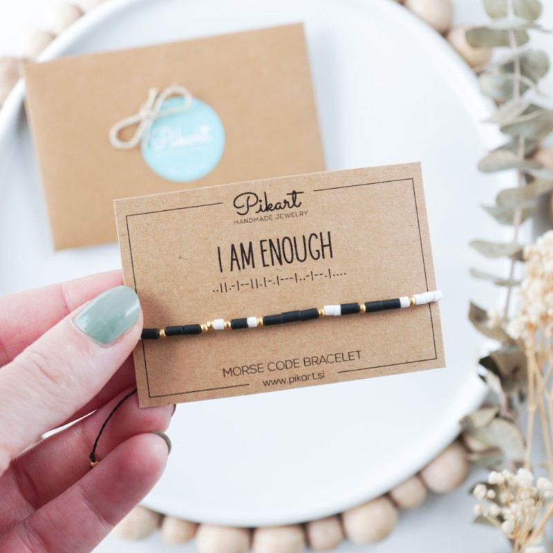 Črno bela zlata personalizirana zapestnica z napisom v Morsejevi abecedi