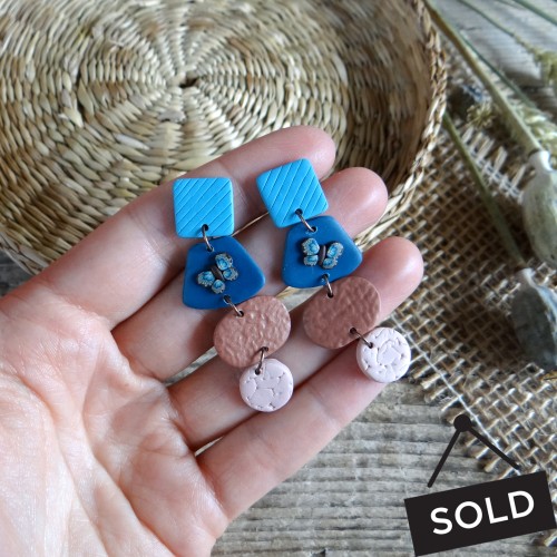 Modern statement dangle earrings in blue and brown